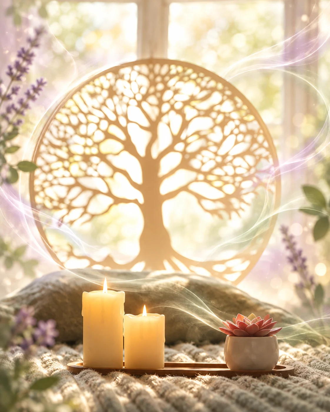Mon arbre de vie et mes bougies, réinterprétés dans une lumière lavande et sauge pour évoquer le Reiki